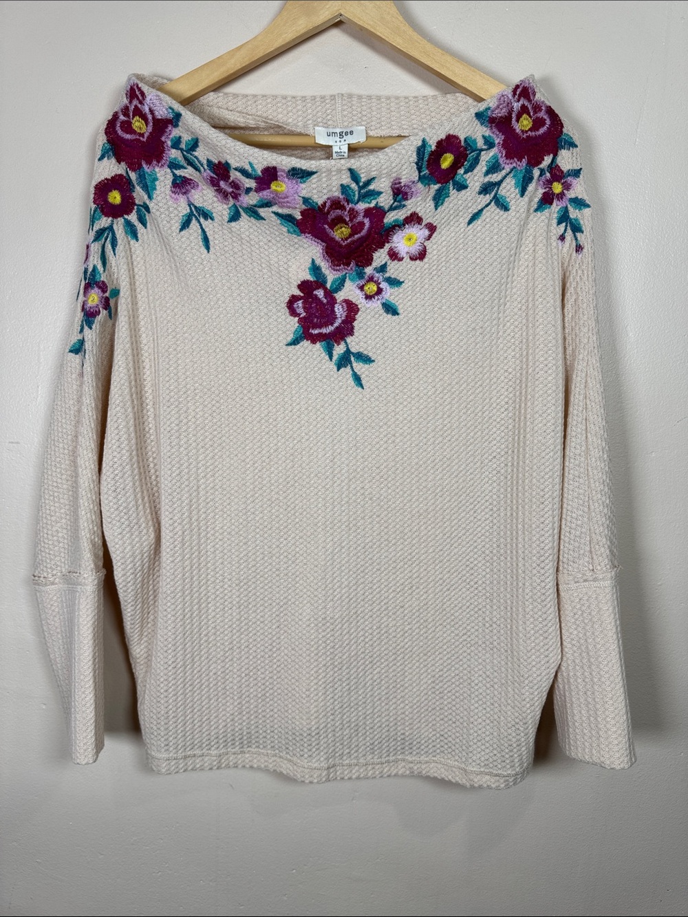 NWT Umgee Womens Waffle Knit Floral Embroidery Boho Slouchy Cottagecore L